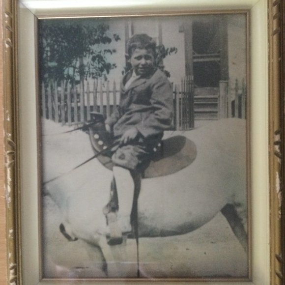 Vintage picture boy riding on horse in front of a house wood frame T. Eaton Co - Picture 2 of 3